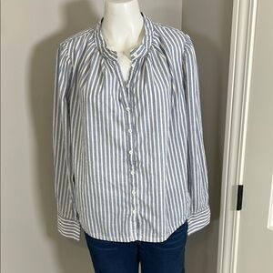 XIRENA STRIPE HAILEY SHIRT Button Up Blue White High Low Puff Sleeve Sz S